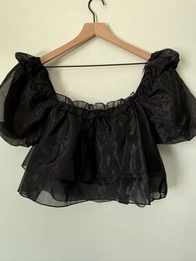 4SI3NNA Black Puff-Sleeve Sheer Layered Crop Top